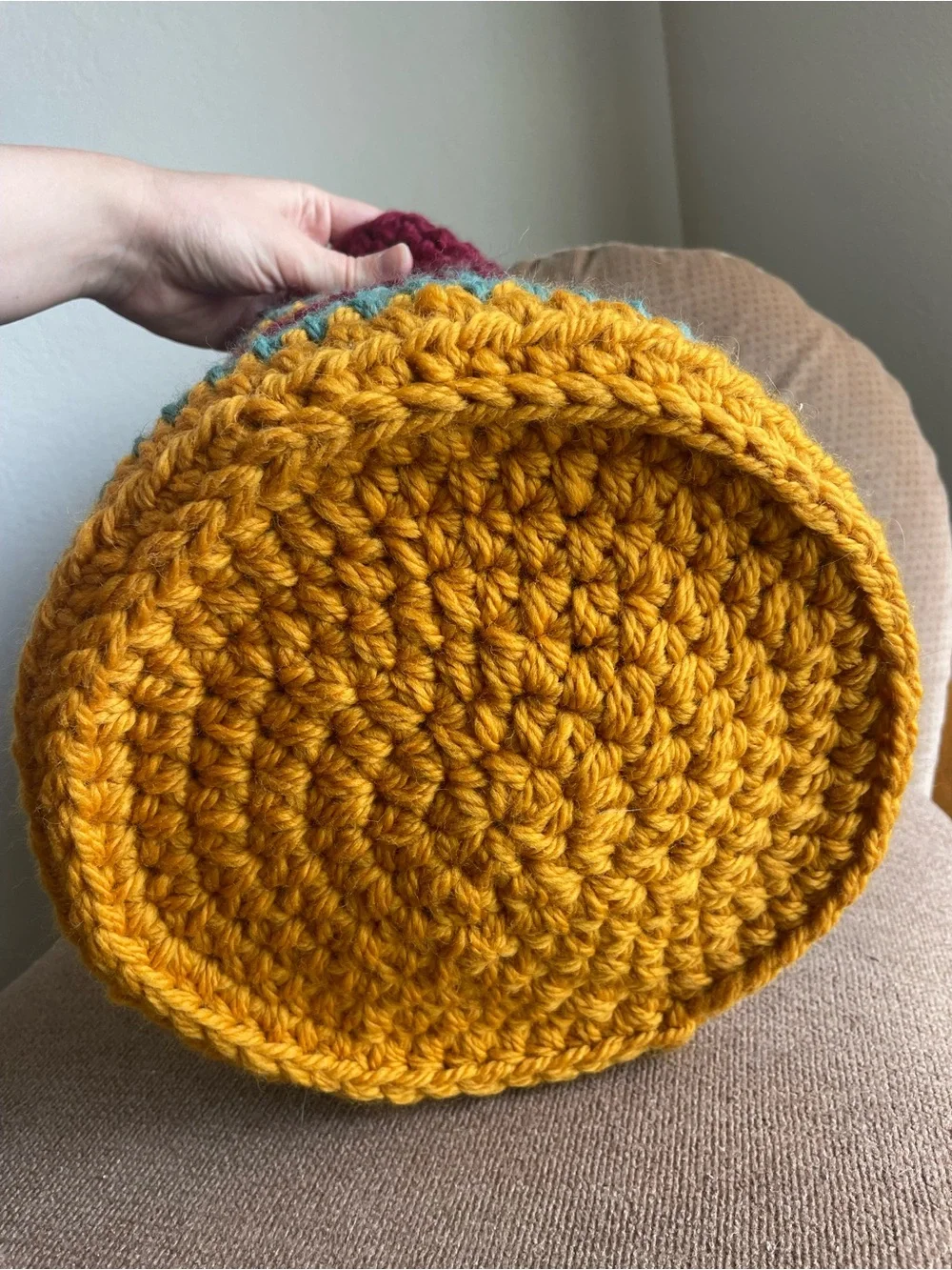 Handmade Crocheted Knit Maroon Yellow Teal Woven Basket